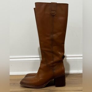 Zara Genuine Leather Block Heel Knee-High Boots 37 Pull-On Brown Tan Riding